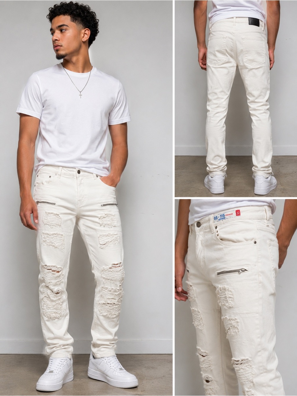 GS-115 Premium Denim Size 32 White Distressed Moto Jeans Slim Taper Stretch